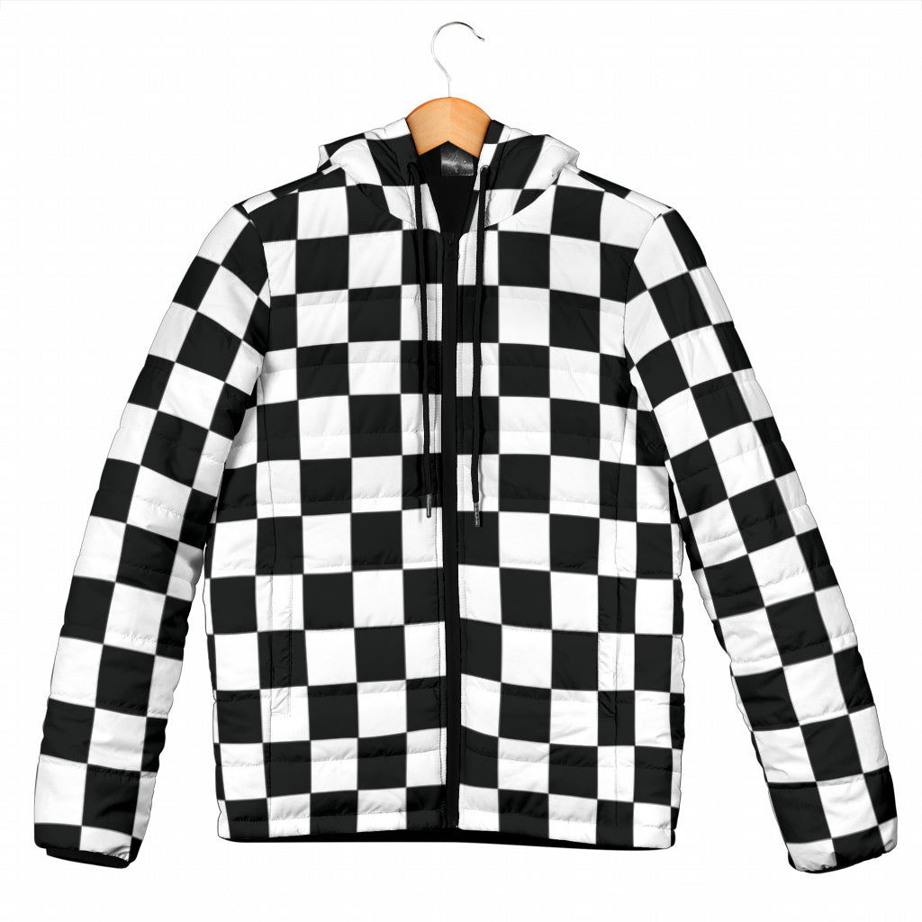 Racing checkered padded hooded jacket
