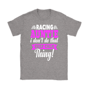 Pink women's racing apparel with funny text reading Racing Auntie I Don't Do That Keep Calm Thing for trackside motorsports fans.