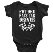 A display featuring a youth t-shirt, cozy hoodie, and infant bodysuit printed with the bold, playful text "Future Race Car Driver" accompanied by crossed checkered flags, set against a crisp white background.