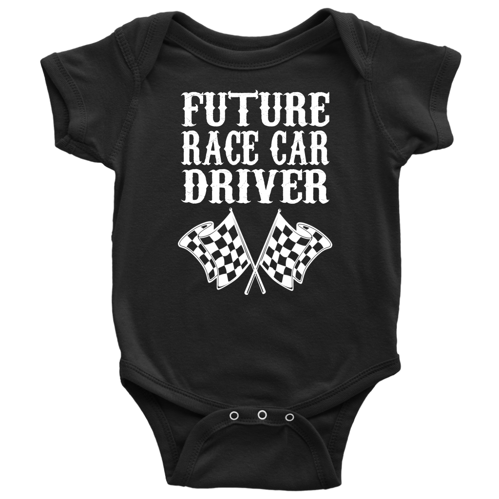 A display featuring a youth t-shirt, cozy hoodie, and infant bodysuit printed with the bold, playful text "Future Race Car Driver" accompanied by crossed checkered flags, set against a crisp white background.