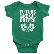 A display featuring a youth t-shirt, cozy hoodie, and infant bodysuit printed with the bold, playful text "Future Race Car Driver" accompanied by crossed checkered flags, set against a crisp white background.