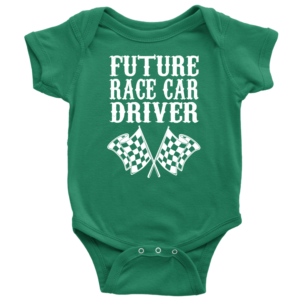 A display featuring a youth t-shirt, cozy hoodie, and infant bodysuit printed with the bold, playful text "Future Race Car Driver" accompanied by crossed checkered flags, set against a crisp white background.