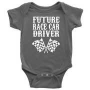 A display featuring a youth t-shirt, cozy hoodie, and infant bodysuit printed with the bold, playful text "Future Race Car Driver" accompanied by crossed checkered flags, set against a crisp white background.