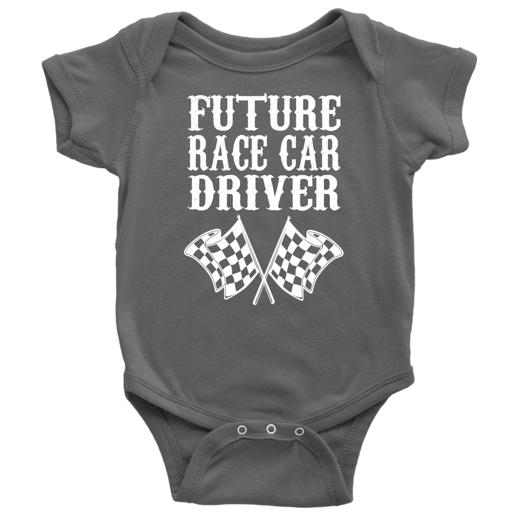 A display featuring a youth t-shirt, cozy hoodie, and infant bodysuit printed with the bold, playful text "Future Race Car Driver" accompanied by crossed checkered flags, set against a crisp white background.