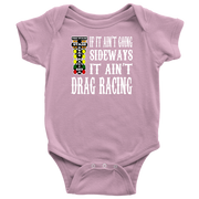 A vibrant display of a youth hoodie, toddler t-shirt, and infant bodysuit each printed with the text "If It Ain't Going Sideways It Ain't Drag Racing" alongside a graphic of a dragster leaving tire smoke, isolated on a white background.