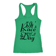 Women's casual racing apparel featuring the text It's Race Day Y'all for stock car, dirt track, and motorsports fans.