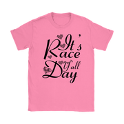 Women's casual racing apparel featuring the text It's Race Day Y'all for stock car, dirt track, and motorsports fans.