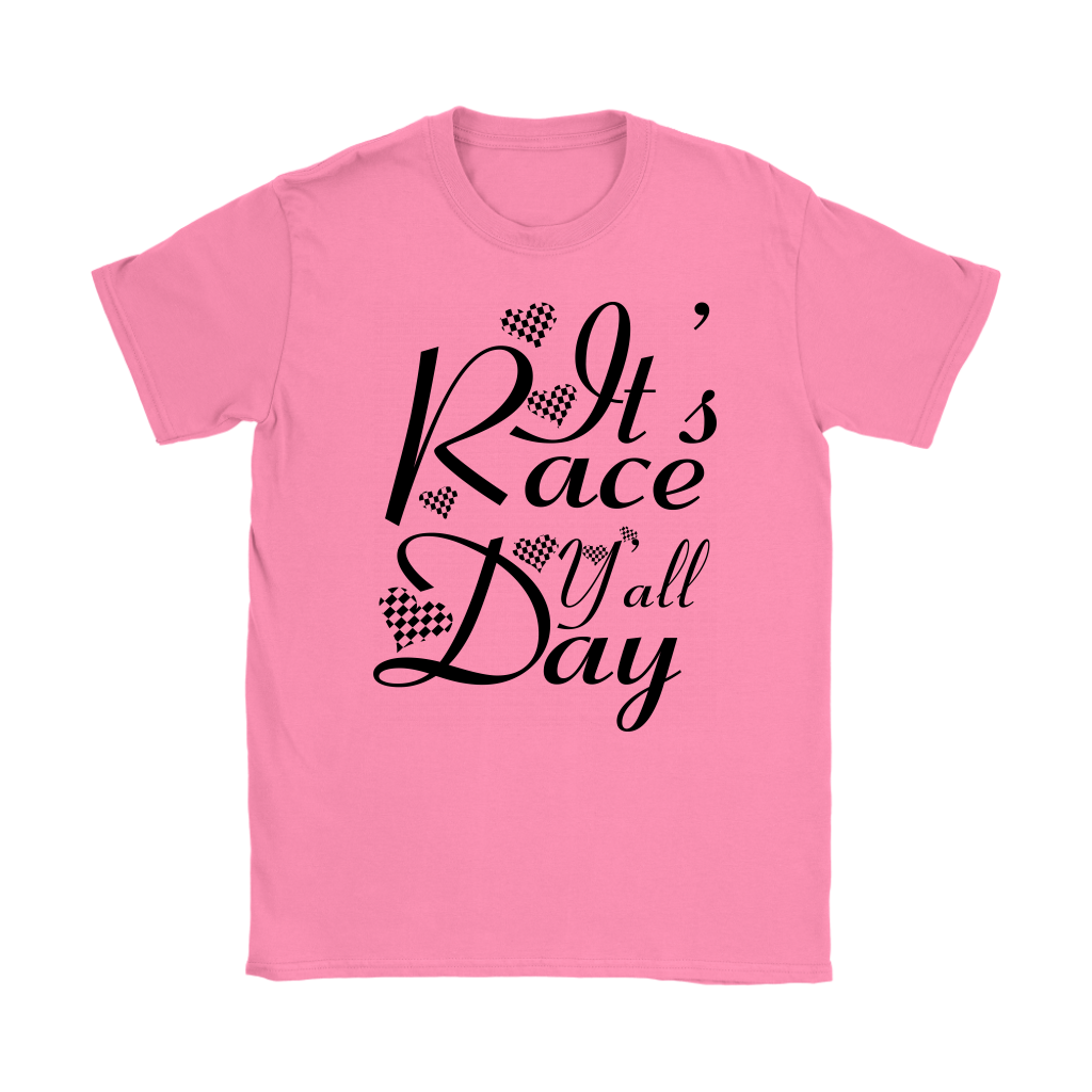 Women's casual racing apparel featuring the text It's Race Day Y'all for stock car, dirt track, and motorsports fans.