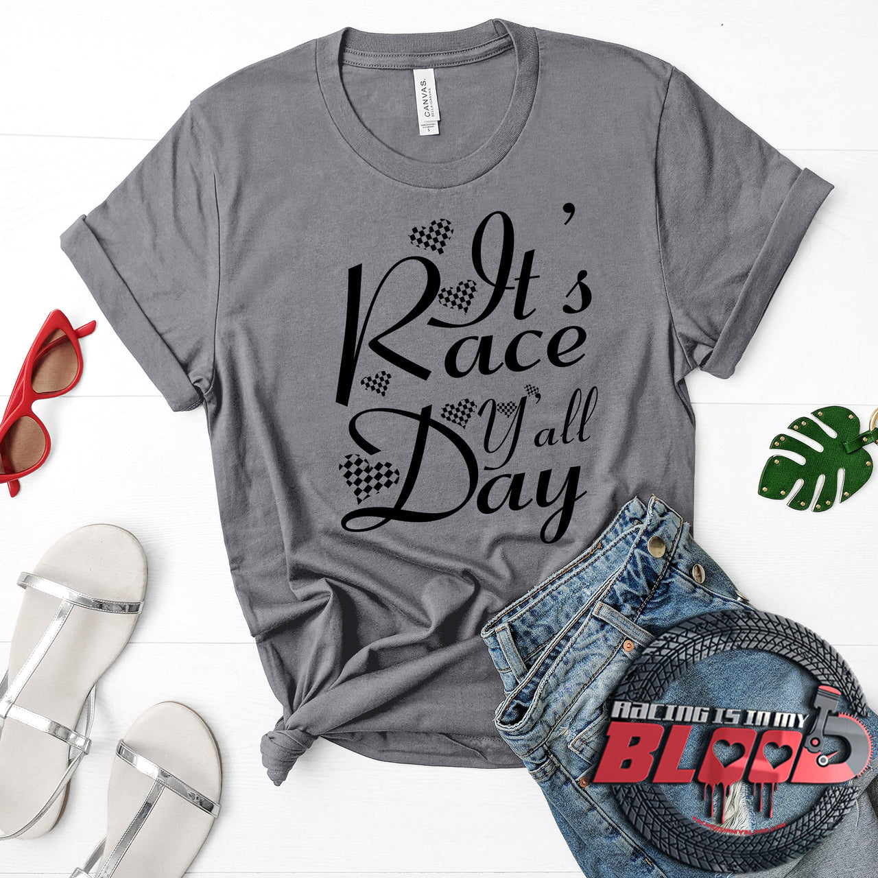 Women's casual racing apparel featuring the text It's Race Day Y'all for stock car, dirt track, and motorsports fans.