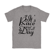 Women's casual racing apparel featuring the text It's Race Day Y'all for stock car, dirt track, and motorsports fans.