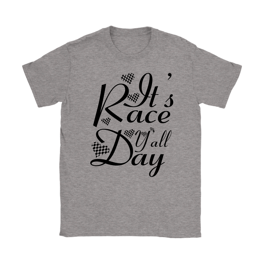 Women's casual racing apparel featuring the text It's Race Day Y'all for stock car, dirt track, and motorsports fans.
