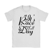Women's casual racing apparel featuring the text It's Race Day Y'all for stock car, dirt track, and motorsports fans.