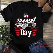 Funny crash arena apparel featuring the quote It's Smash Day for demolition derby drivers, pit crew mechanics, and county fair motorsport fans.