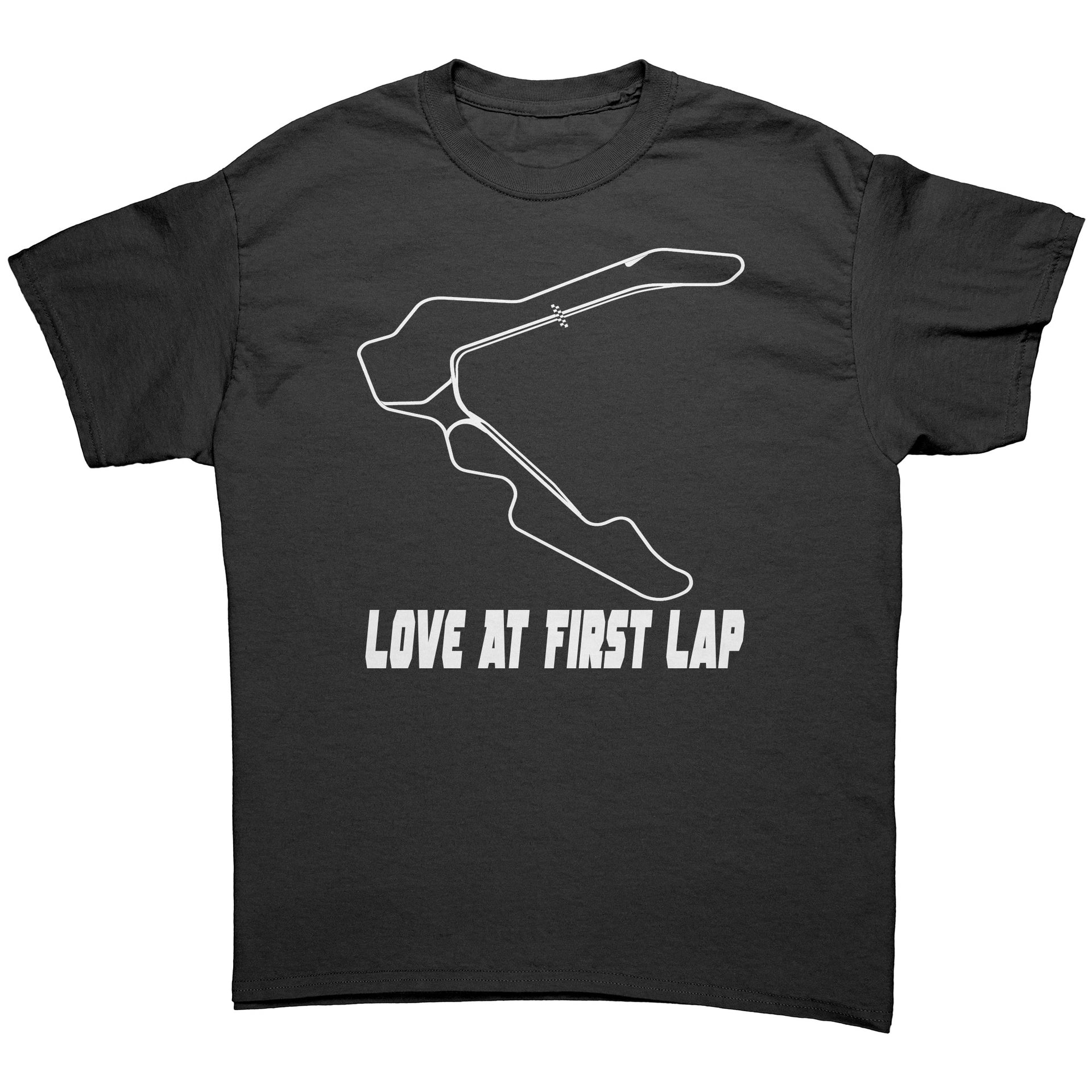 Custom motorsports apparel featuring the quote Love At First Lap for Pittsburgh International Race Complex drivers and track day enthusiasts.