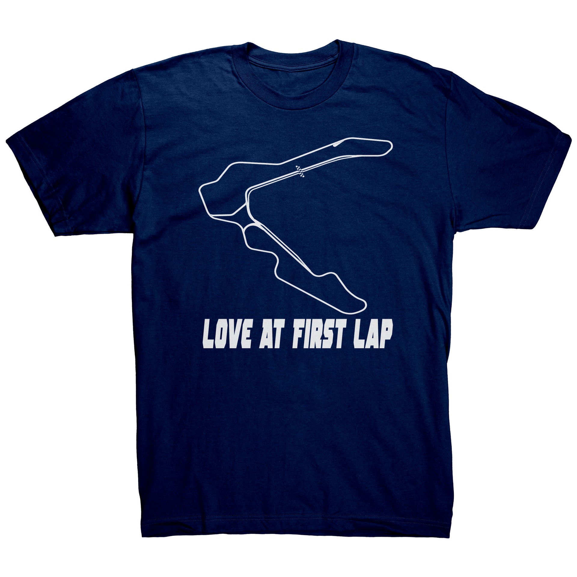Custom motorsports apparel featuring the quote Love At First Lap for Pittsburgh International Race Complex drivers and track day enthusiasts.