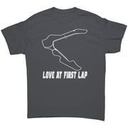 Custom motorsports apparel featuring the quote Love At First Lap for Pittsburgh International Race Complex drivers and track day enthusiasts.