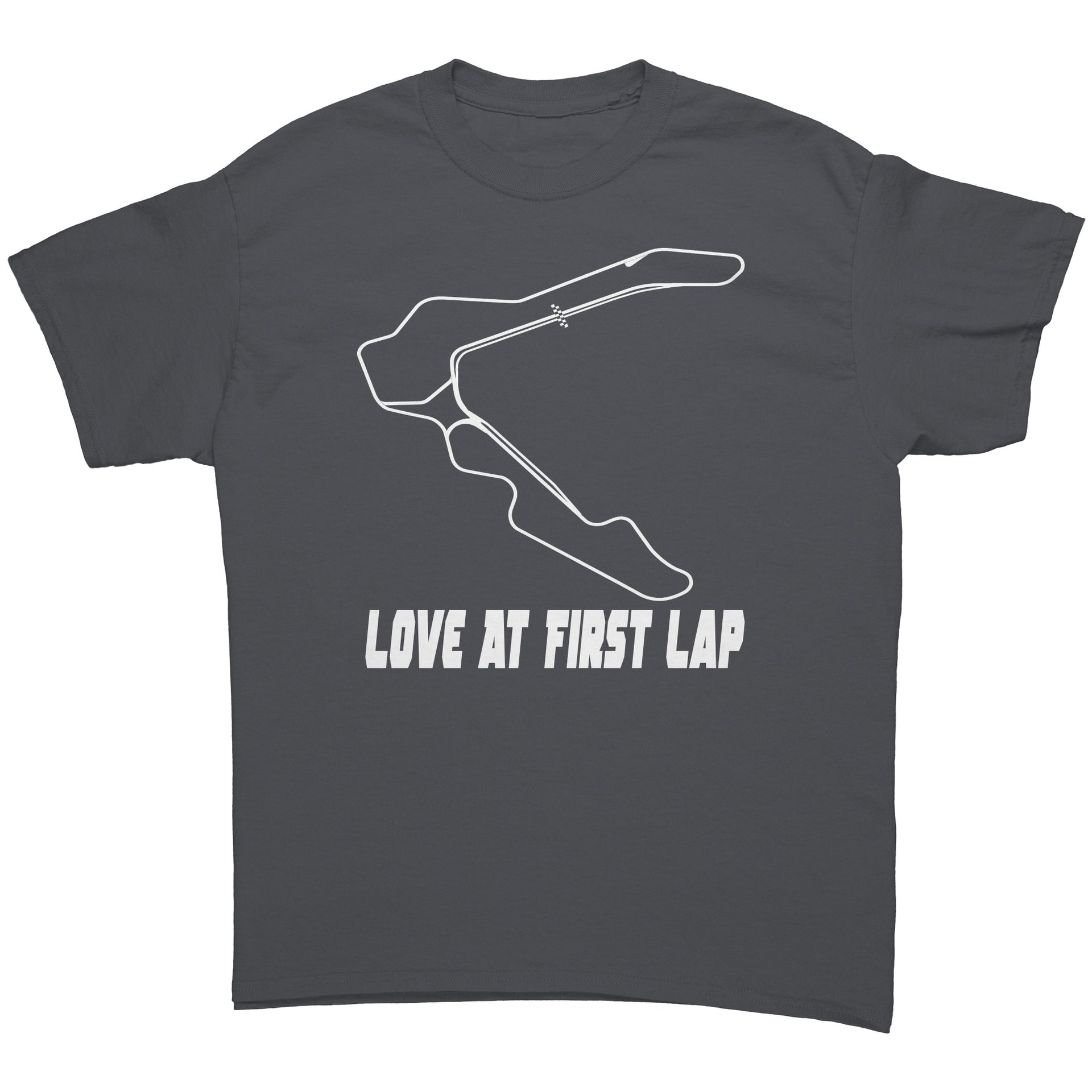 Custom motorsports apparel featuring the quote Love At First Lap for Pittsburgh International Race Complex drivers and track day enthusiasts.