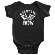 Black bodysuit with 'Mommy's Pit Crew' text and a graphic of racing stripes on the sleeves.