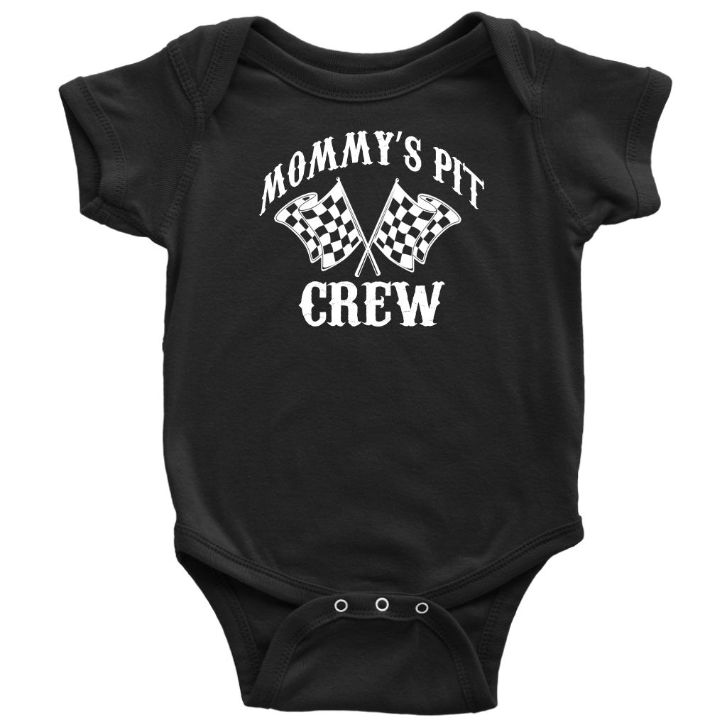 Black bodysuit with 'Mommy's Pit Crew' text and a graphic of racing stripes on the sleeves.