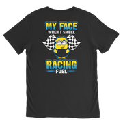 Funny motorsports graphic apparel featuring the quote My Face When I Smell Racing Fuel for car enthusiasts, drag strip spectators, and garage mechanics.