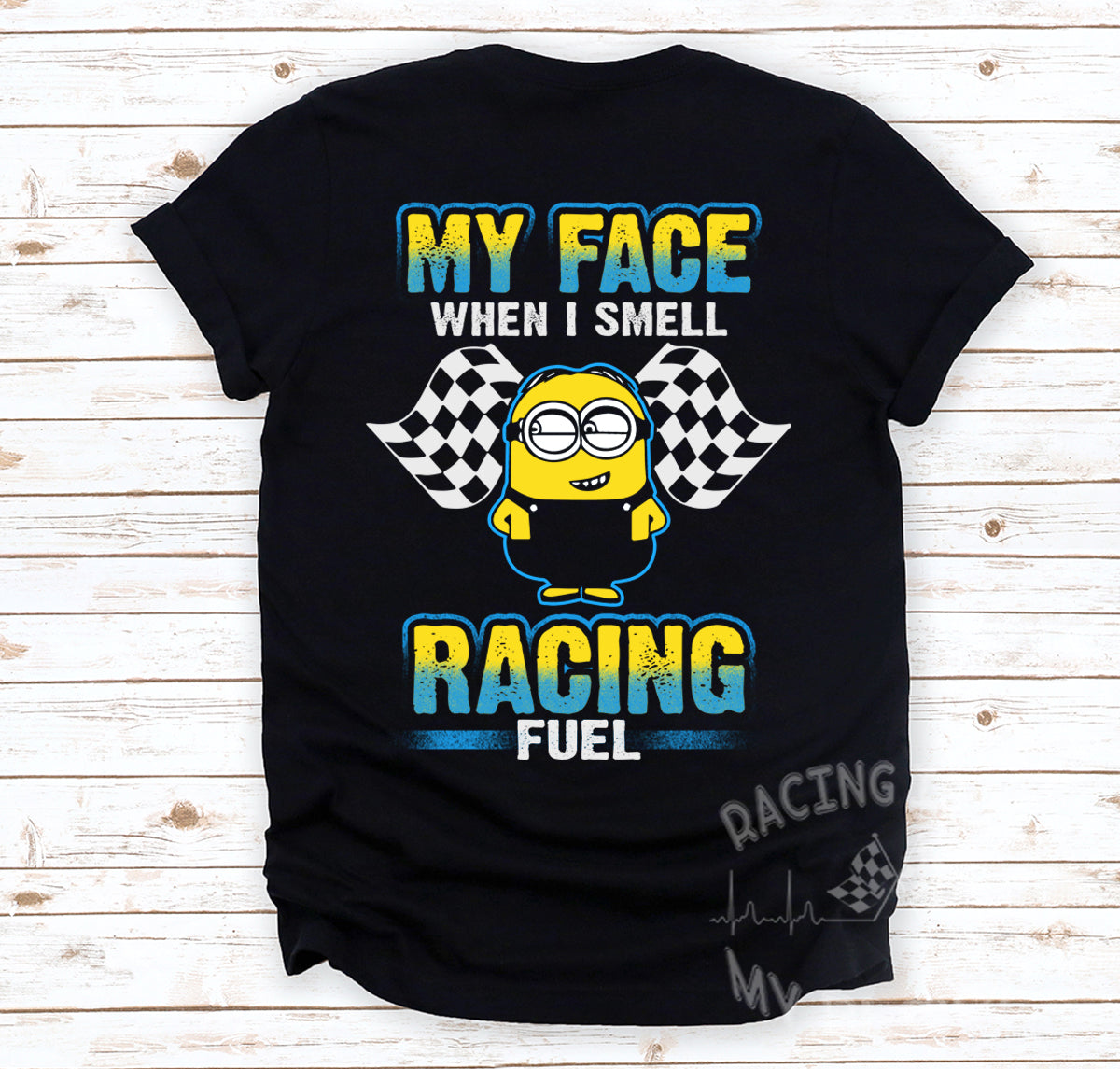 Funny motorsports graphic apparel featuring the quote My Face When I Smell Racing Fuel for car enthusiasts, drag strip spectators, and garage mechanics.