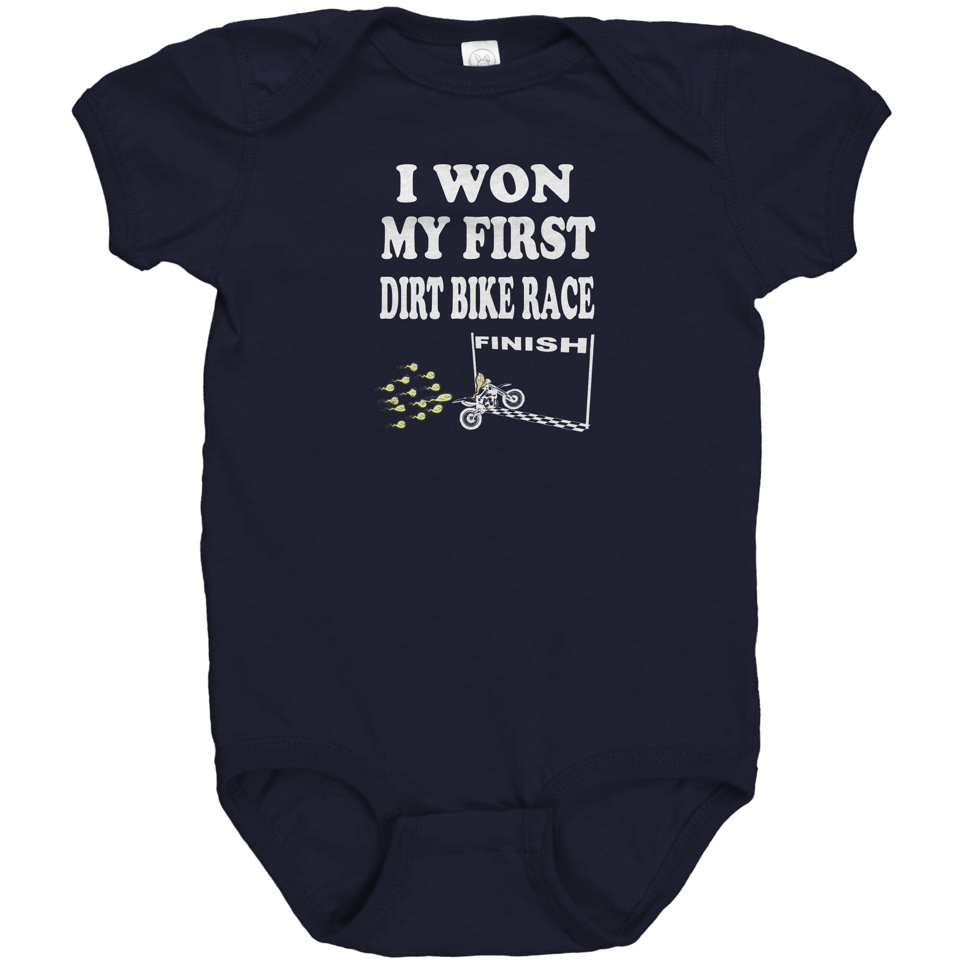Cute baby onesies and toddler shirts featuring the "I Won My First Dirt Bike Race" graphic, crafted from ultra-soft ringspun cotton for future motocross champions.