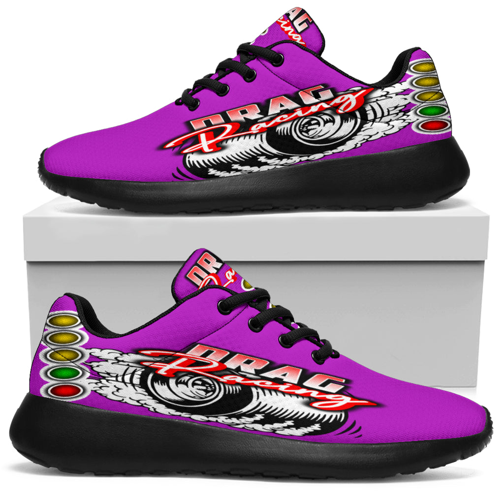 Custom pink drag racing sneakers featuring breathable mesh and memory foam insoles for women motorsports fans and pit crews.