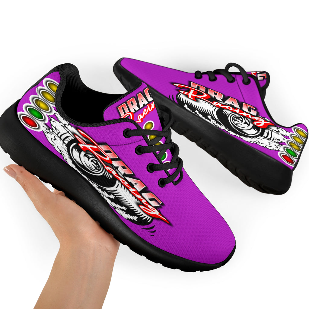 Custom pink drag racing sneakers featuring breathable mesh and memory foam insoles for women motorsports fans and pit crews.