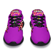 Custom pink drag racing sneakers featuring breathable mesh and memory foam insoles for women motorsports fans and pit crews.