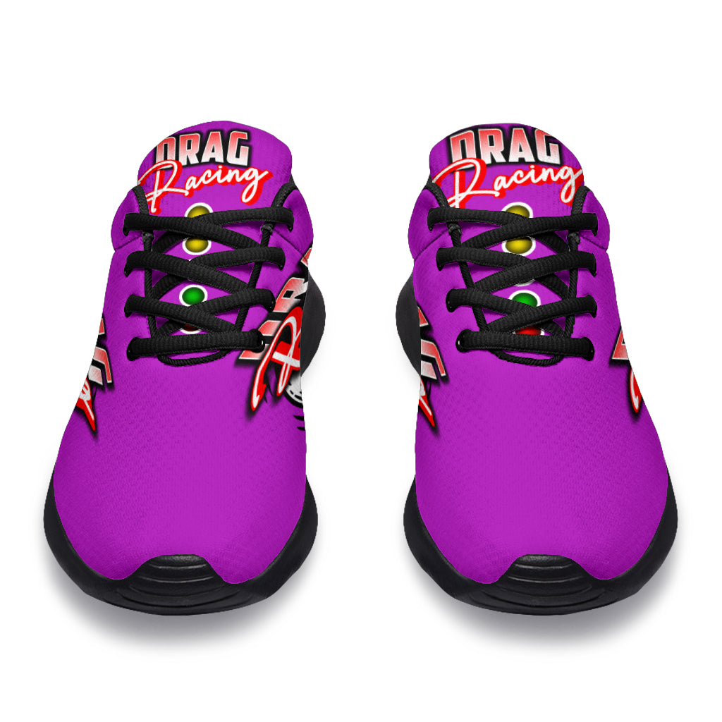 Custom pink drag racing sneakers featuring breathable mesh and memory foam insoles for women motorsports fans and pit crews.