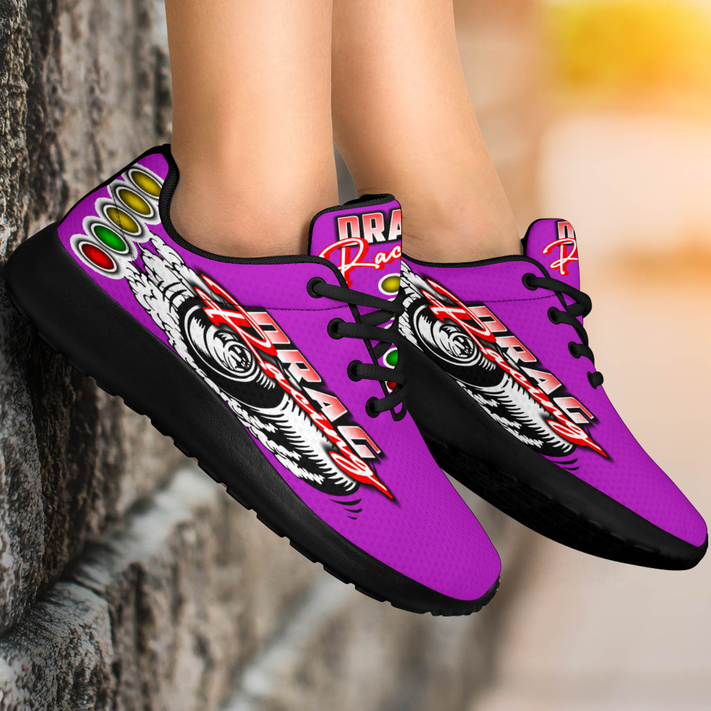 Custom pink drag racing sneakers featuring breathable mesh and memory foam insoles for women motorsports fans and pit crews.