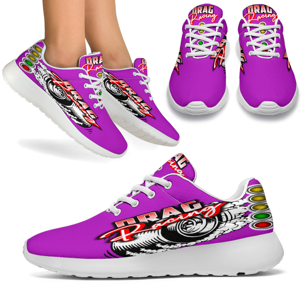 Custom pink drag racing sneakers featuring breathable mesh and memory foam insoles for women motorsports fans and pit crews.
