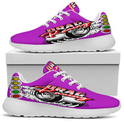 Custom pink drag racing sneakers featuring breathable mesh and memory foam insoles for women motorsports fans and pit crews.