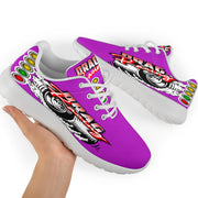 Custom pink drag racing sneakers featuring breathable mesh and memory foam insoles for women motorsports fans and pit crews.