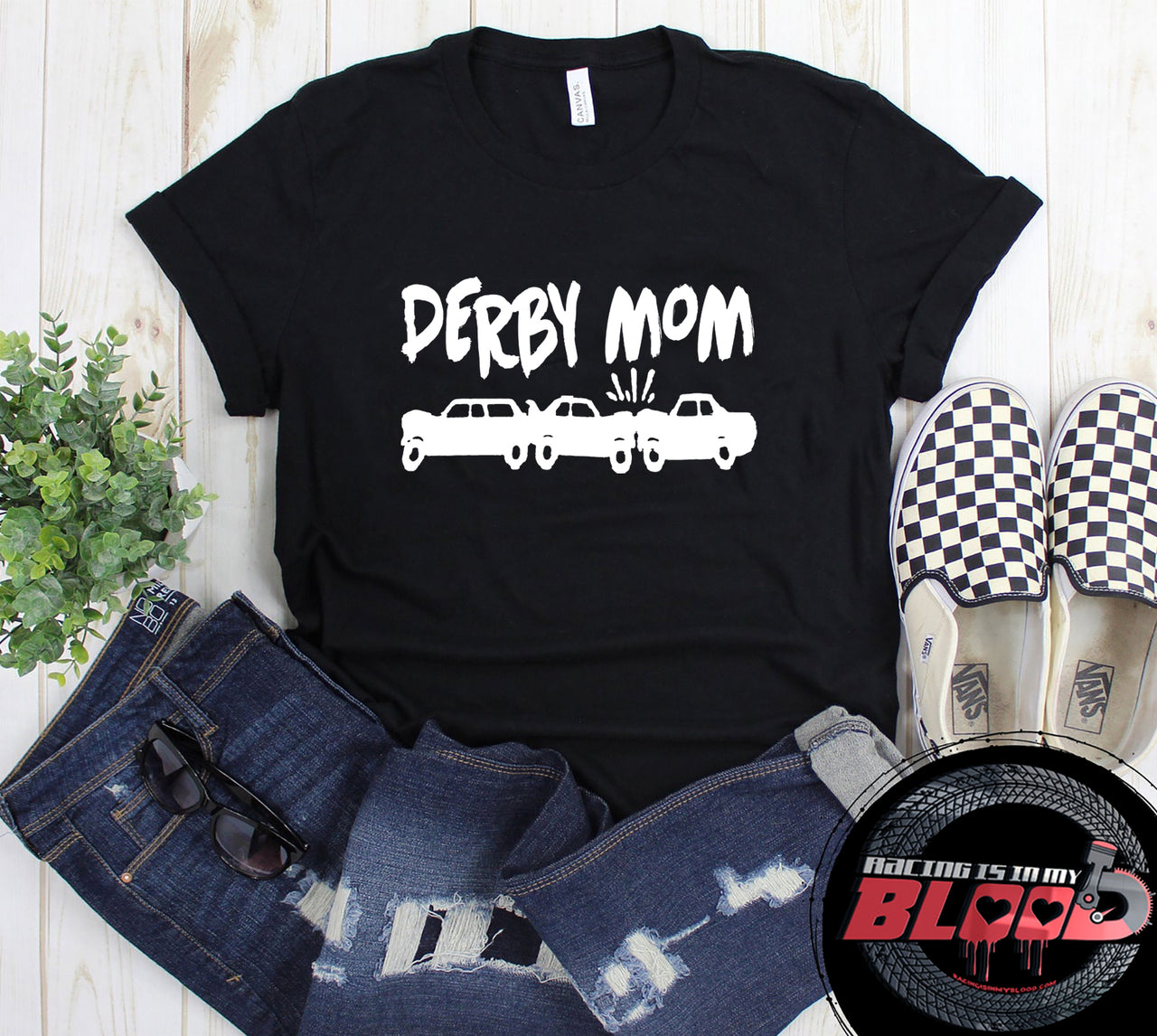 Women's crash car racing apparel featuring the phrase Derby Mom for demolition derby, fairground mud tracks, and motorsports mothers.