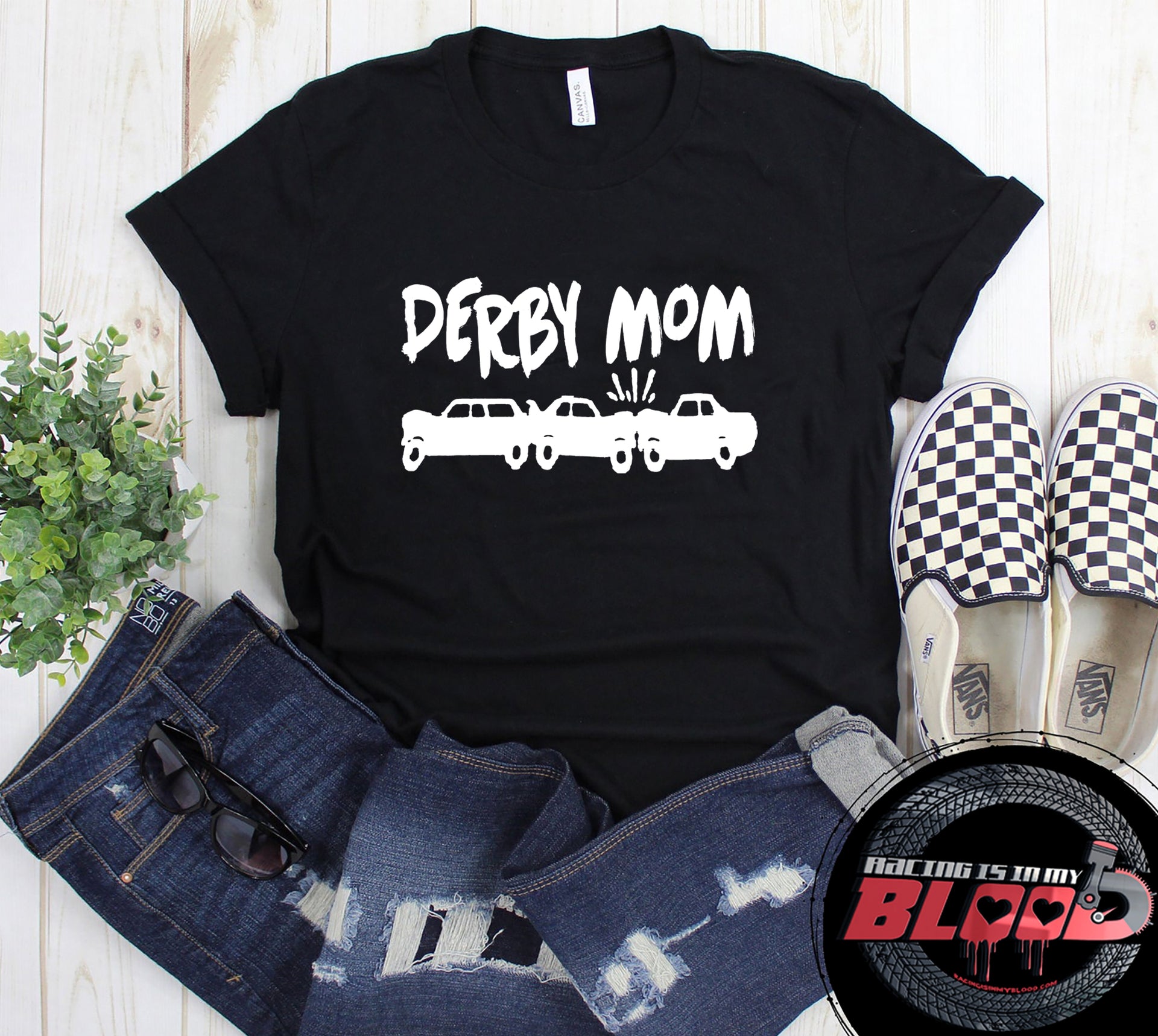 Women's crash car racing apparel featuring the phrase Derby Mom for demolition derby, fairground mud tracks, and motorsports mothers.