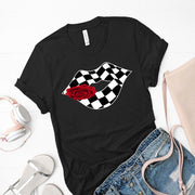 A stylish mockup of a women's v-neck t-shirt and racerback tank top featuring a graphic of glossy lips with a checkered flag pattern, displayed against a clean, modern white background.