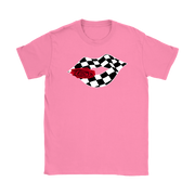A stylish mockup of a women's v-neck t-shirt and racerback tank top featuring a graphic of glossy lips with a checkered flag pattern, displayed against a clean, modern white background.