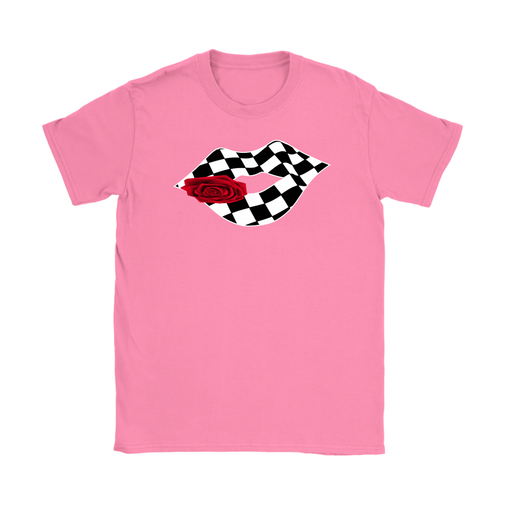 A stylish mockup of a women's v-neck t-shirt and racerback tank top featuring a graphic of glossy lips with a checkered flag pattern, displayed against a clean, modern white background.