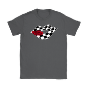 A stylish mockup of a women's v-neck t-shirt and racerback tank top featuring a graphic of glossy lips with a checkered flag pattern, displayed against a clean, modern white background.
