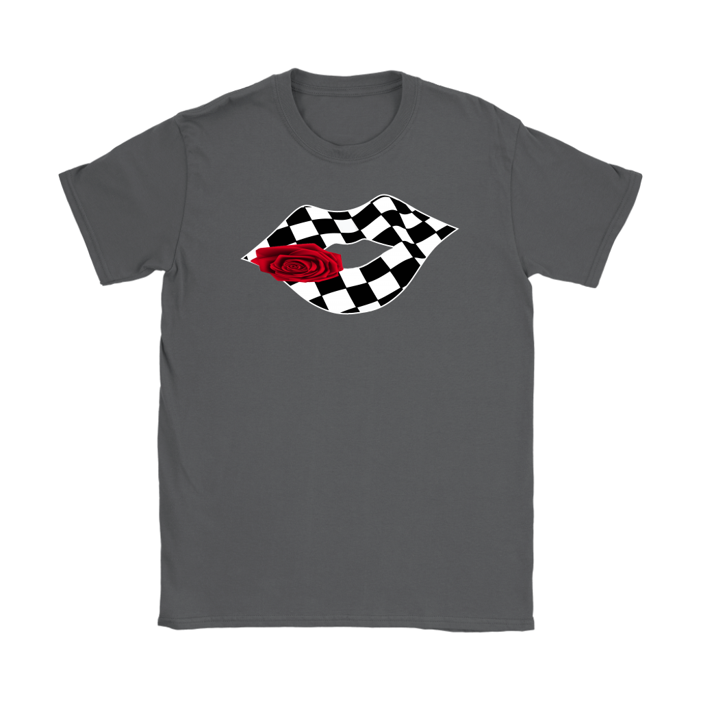 A stylish mockup of a women's v-neck t-shirt and racerback tank top featuring a graphic of glossy lips with a checkered flag pattern, displayed against a clean, modern white background.