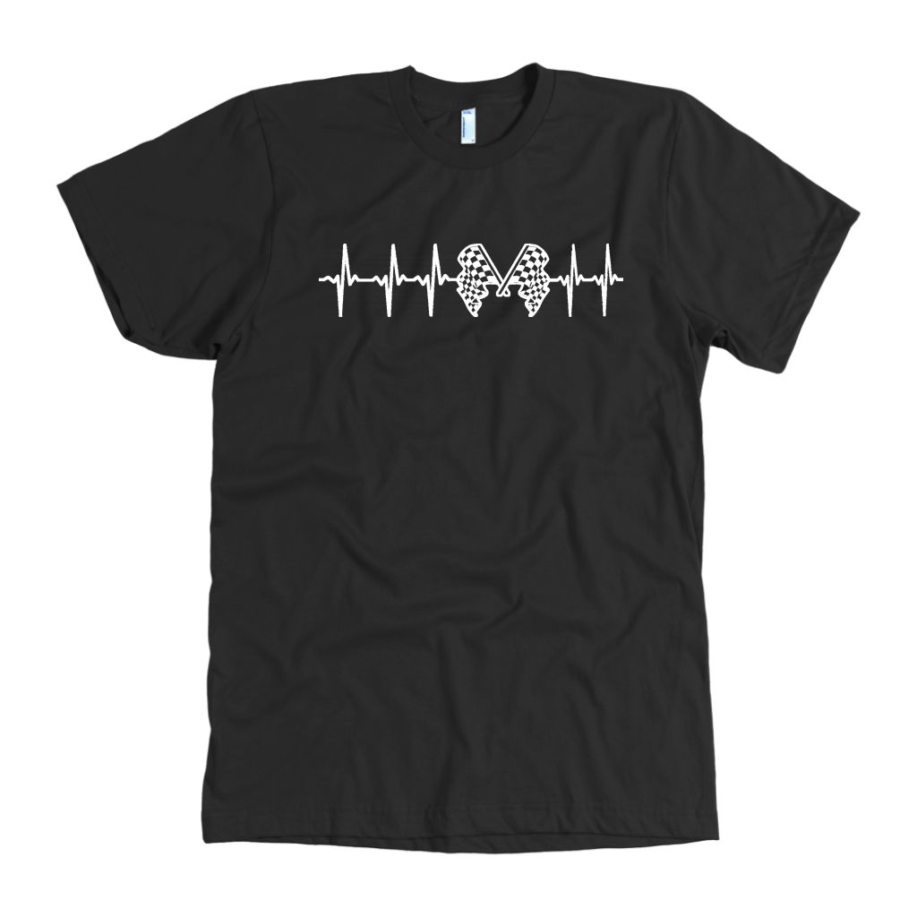 Motorsports apparel featuring a racing heartbeat EKG pulse line graphic with a race car silhouette for speedway and drag strip fans.