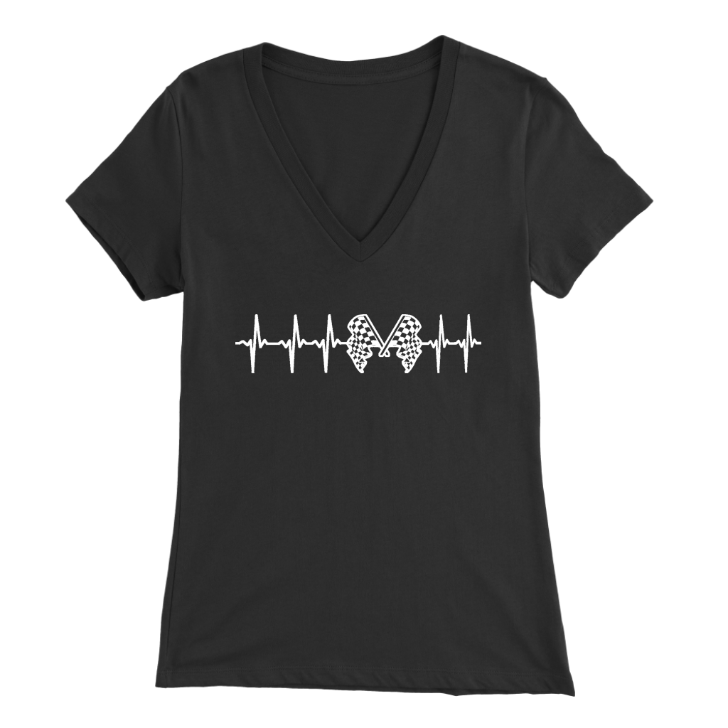 Motorsports apparel featuring a racing heartbeat EKG pulse line graphic with a race car silhouette for speedway and drag strip fans.