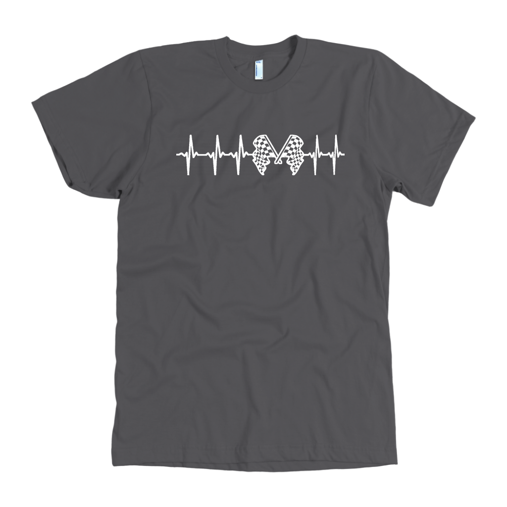 Motorsports apparel featuring a racing heartbeat EKG pulse line graphic with a race car silhouette for speedway and drag strip fans.
