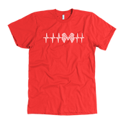 Motorsports apparel featuring a racing heartbeat EKG pulse line graphic with a race car silhouette for speedway and drag strip fans.