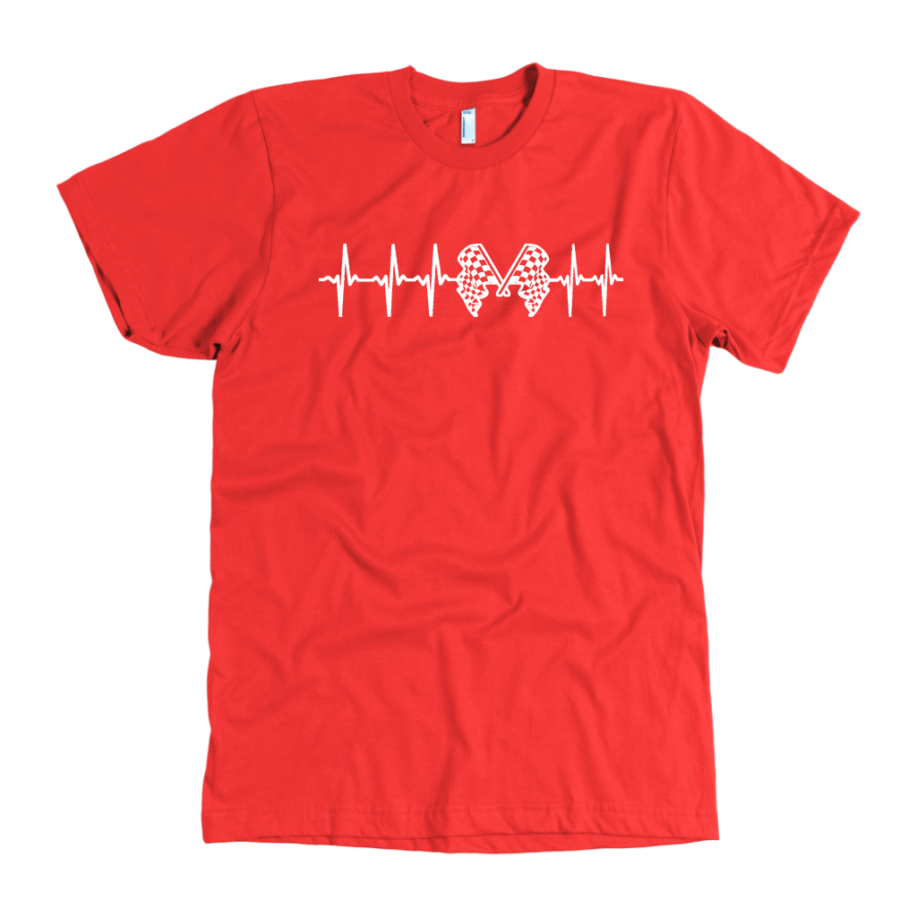 Motorsports apparel featuring a racing heartbeat EKG pulse line graphic with a race car silhouette for speedway and drag strip fans.