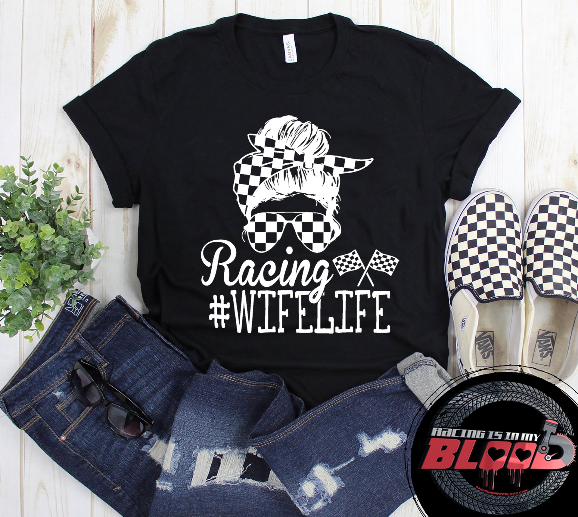 Women's racing apparel featuring the quote Racing Wife Life for racing spouses, pit lane crew members, and motorsports fans.