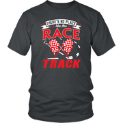 Custom racing apparel featuring the phrase There's No Place Like The Race Track for stock car, drag racing, and dirt track fans.