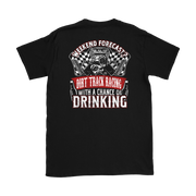 Funny dirt track racing shirt featuring the quote Weekend Forecast Dirt Track Racing With A Chance Of Drinking for race fans, tailgating, and sprint car enthusiasts.