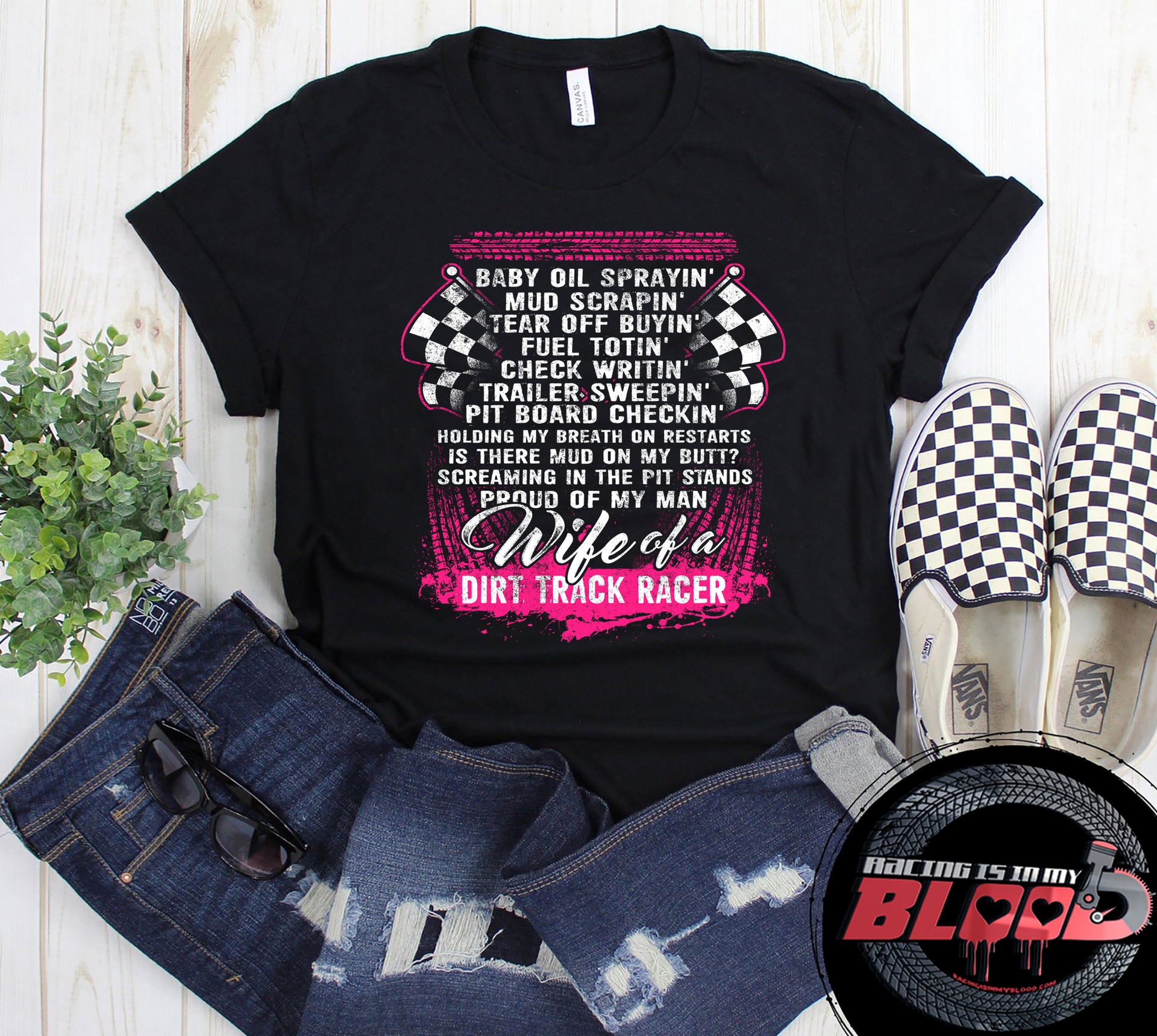 Wife Of A Dirt Track Racer apparel collection featuring classic women's t-shirts, lightweight racerback tanks, and a cozy fleece unisex hoodie for trackside racing fans.